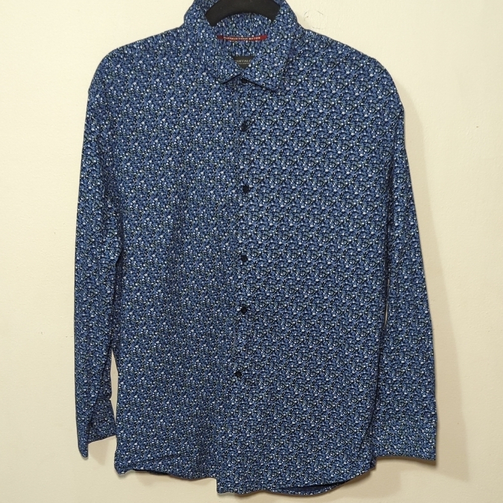 Buffalo David Bitton Button-Up Shirt Blue Floral Slim Stretch Sz L 16-16.5 32/33